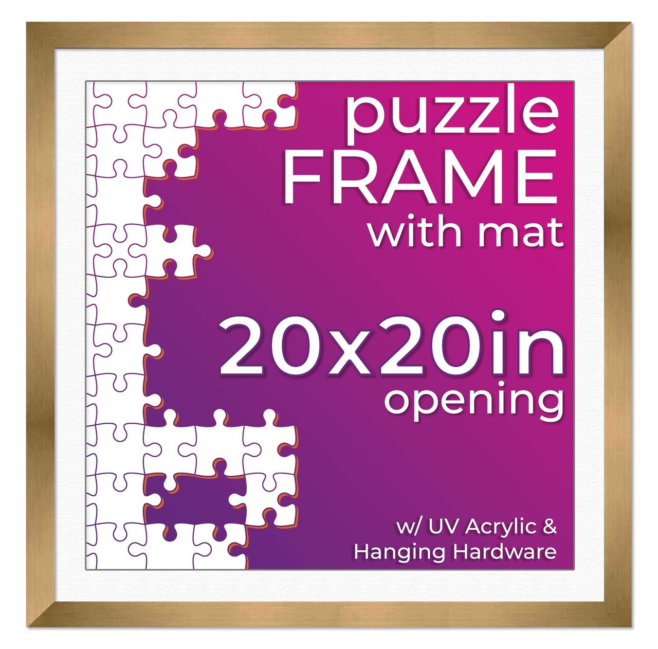 Bronze Wood Puzzle Frame Kit with Glue Sheets, White Mat, Backing, UV Acrylic - Available in 20 Popular Sizes